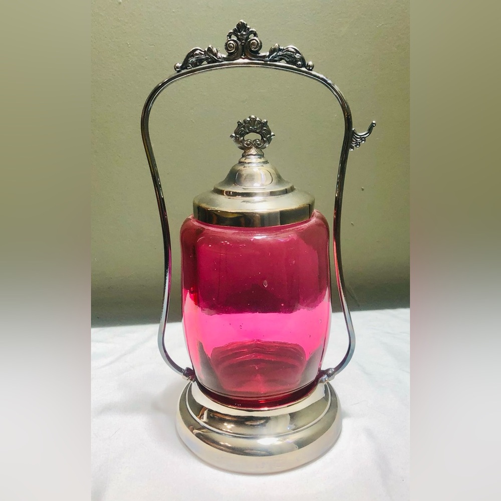 Antique Cranberry Glass Pickle Castor Jar Silver Plate with Handle and Lid
